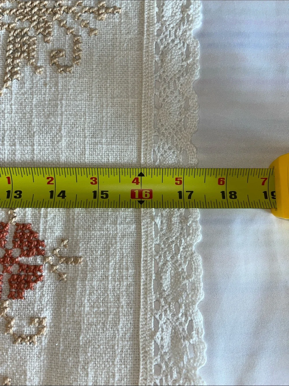 Hand-Embroidered Cream Linen Table Runner with Rust Floral Accents 17” x42”
